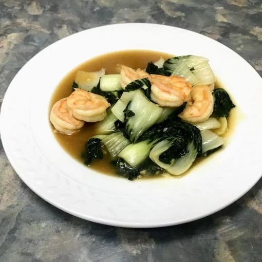 Shrimp and Baby Bok Choy being served