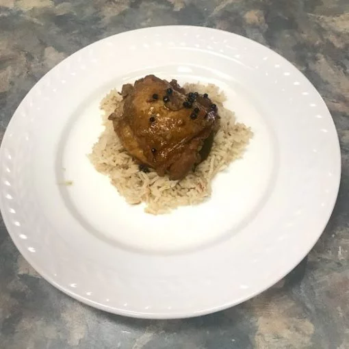 Chicken adobo over rice