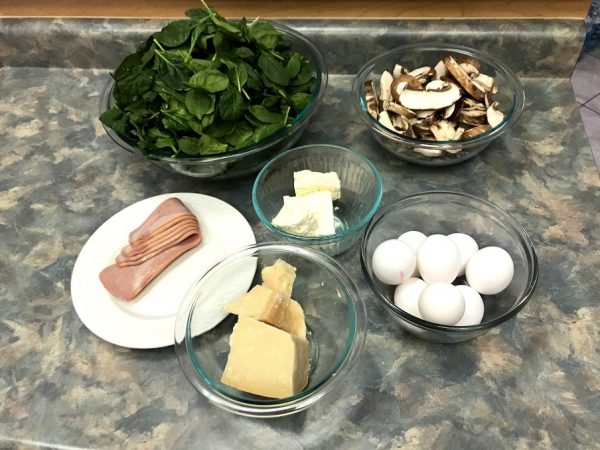 Mushroom Spinach Feta Frittata starting ingredients