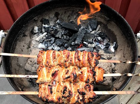 chicken shashlik being grilled