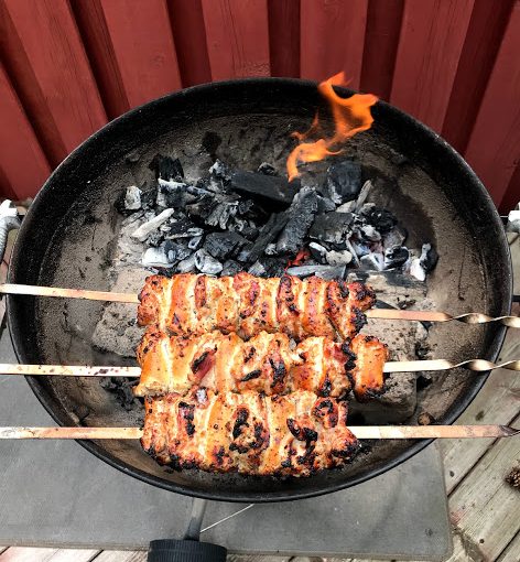 chicken shashlik being grilled