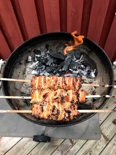 chicken shashlik being grilled