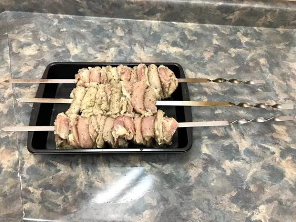 Chicken shashlik ready to be grilled