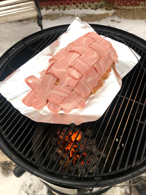 chicken meatloaf with bacon weave on smoker